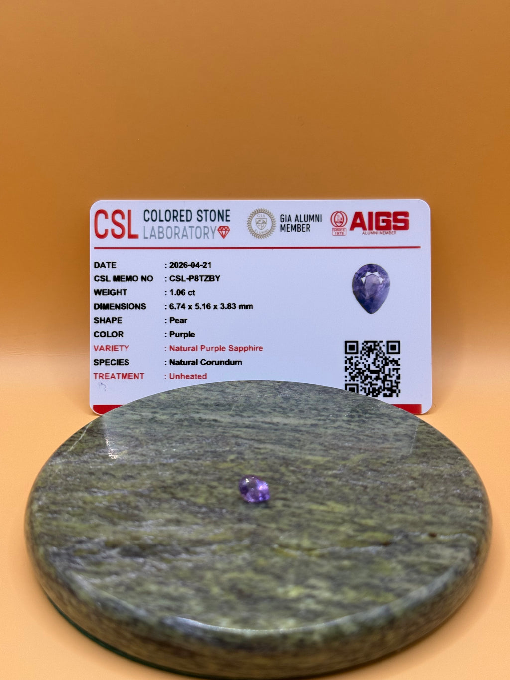 Natural Unheated Purple Sapphire, 1.06 ct Pear Cut, Sri Lanka