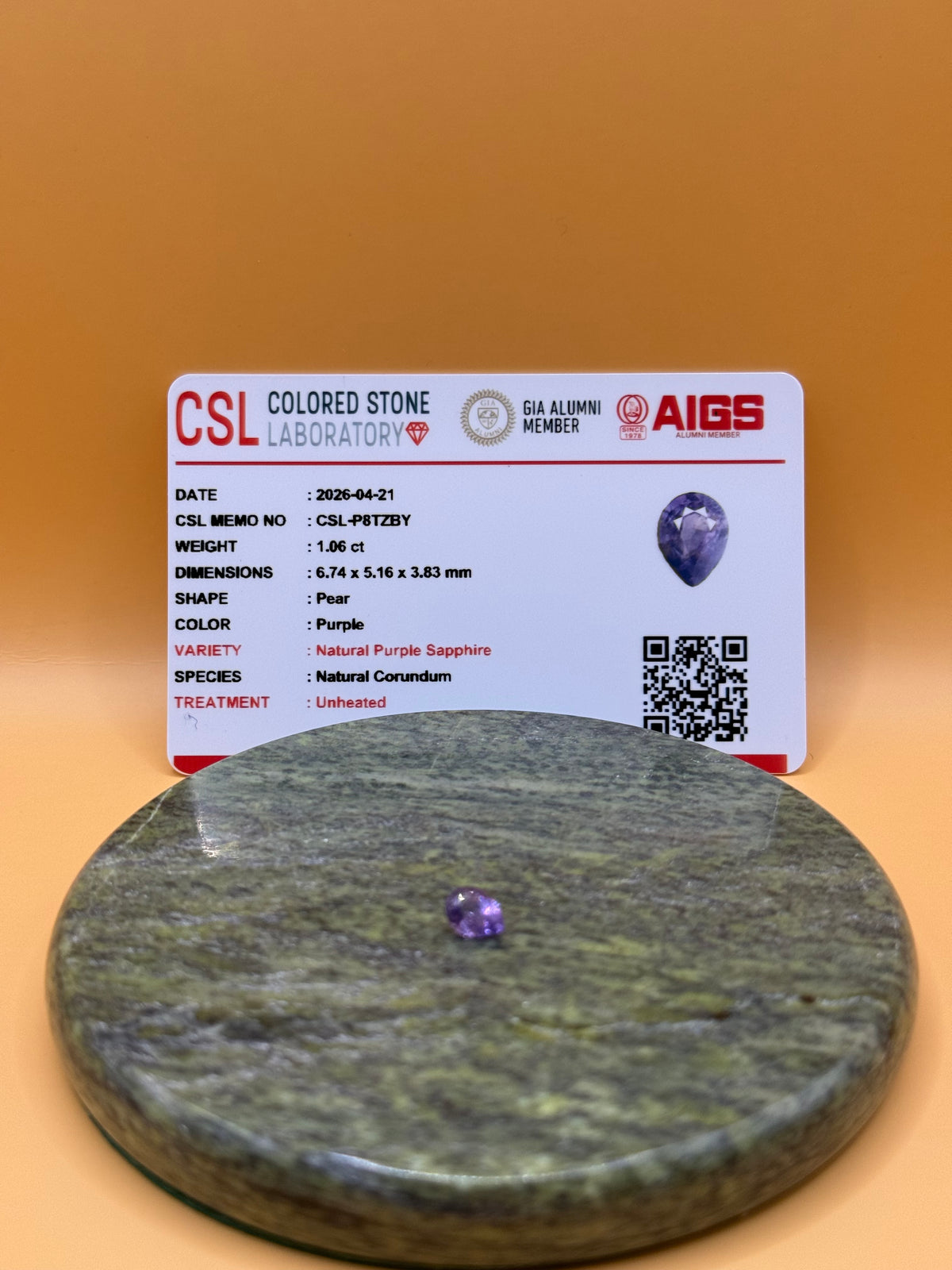 Natural Unheated Purple Sapphire, 1.06 ct Pear Cut, Sri Lanka